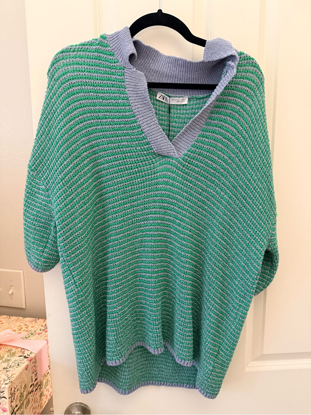 Zara Green & Lavender Striped V-Neck Knit Top
